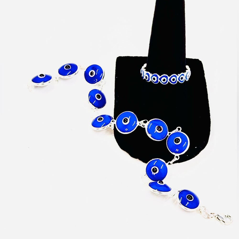 .925 Sterling Silver Blue Evil Eye 🧿 Bracelet & Ring Set NEW 🎁